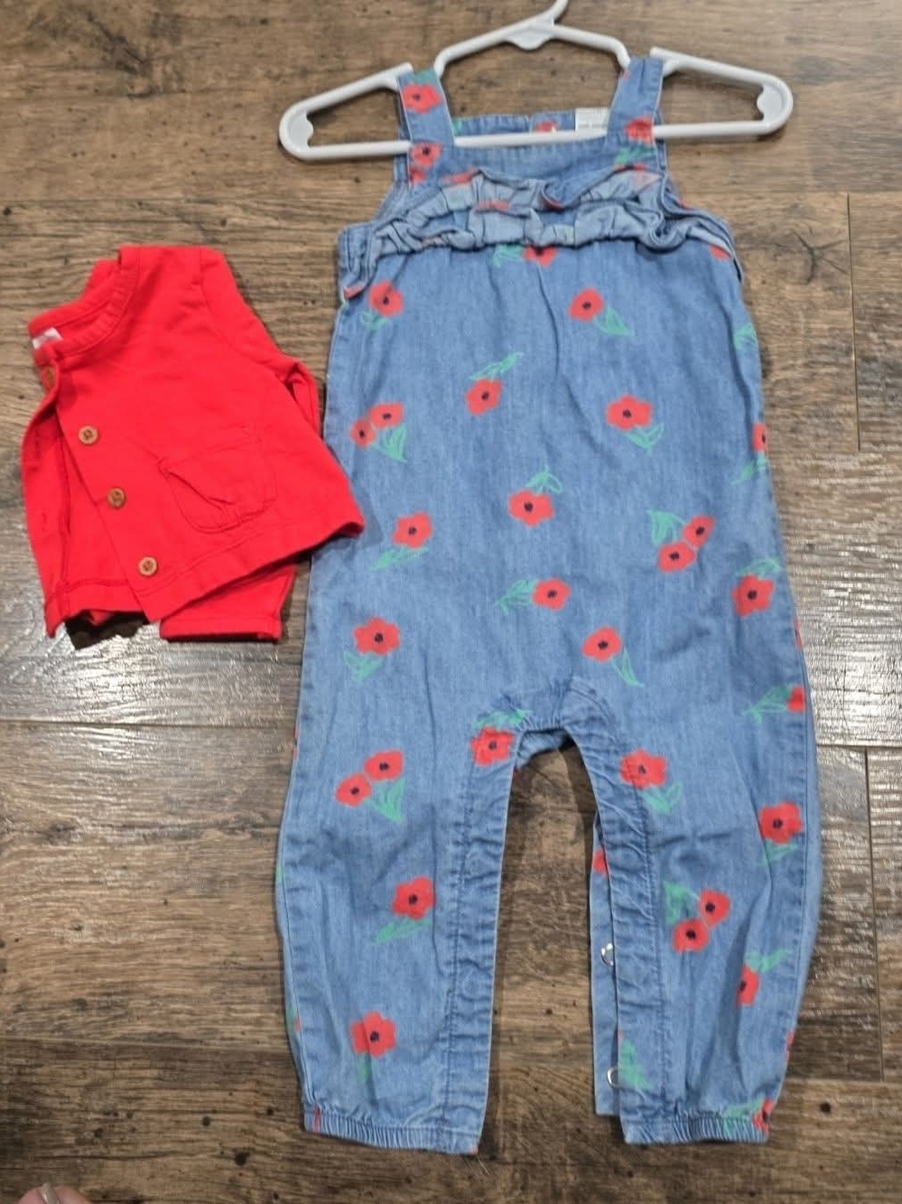 Carter's Red Cardigan and Blue Floral Romper Set Sz 9 Months - Picture 3 of 5